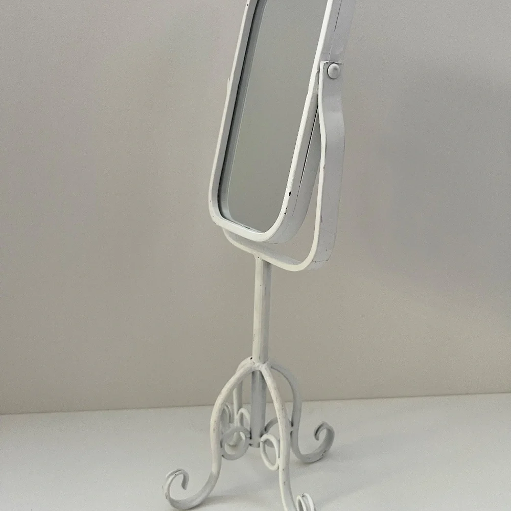 White Metal Tabletop Vanity Mirror With Adjustable Swivel Tilt & Scroll Base